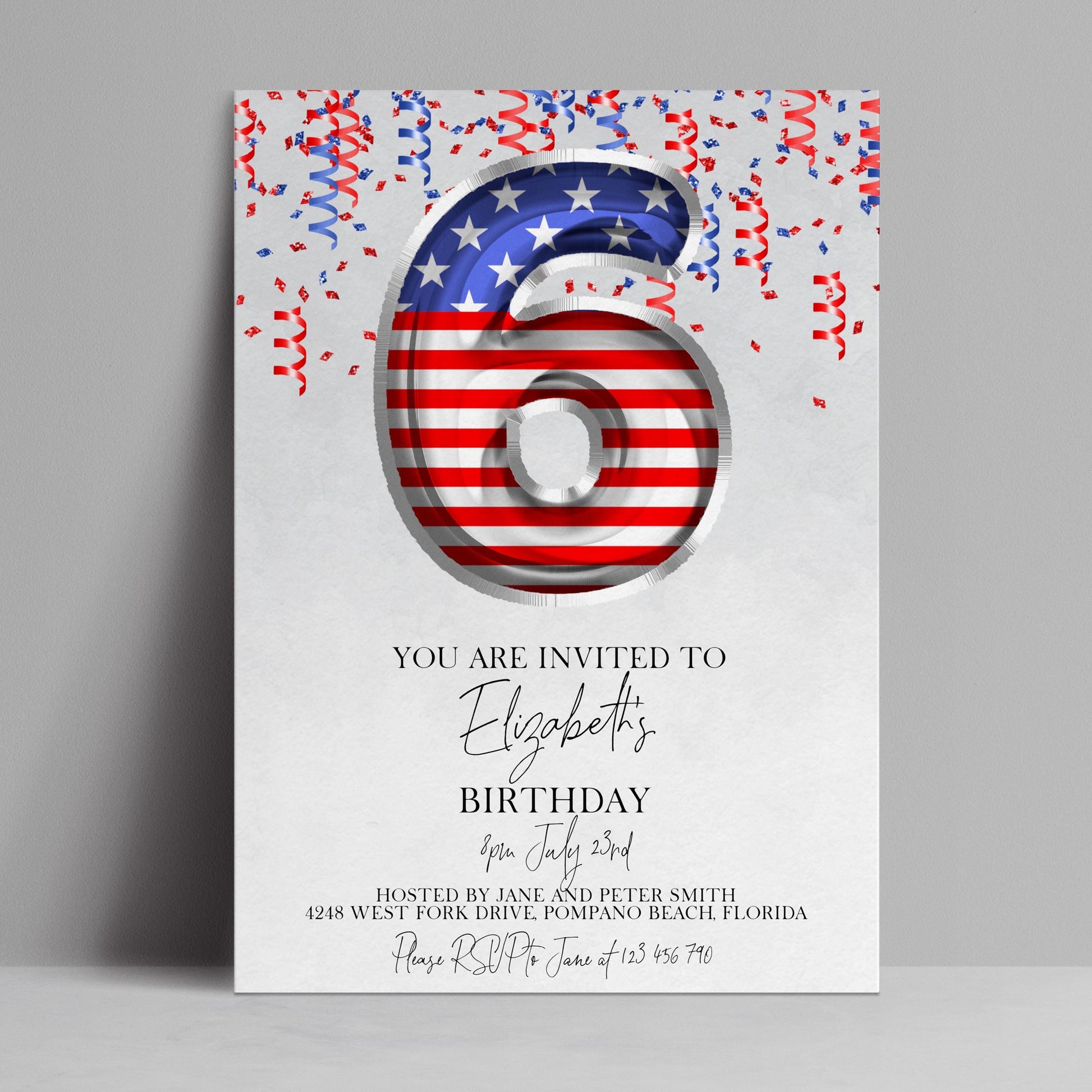 Editable 6th birthday invitation with 3D American flag number 6 and red white blue confetti streamers — digital download template via Corjl
