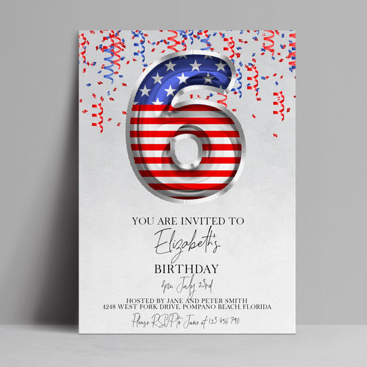 Editable 6th birthday invitation with 3D American flag number 6 and red white blue confetti streamers — digital download template via Corjl