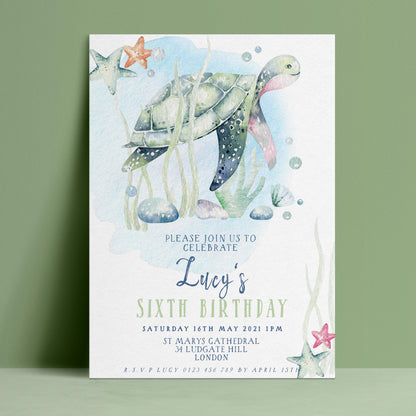 Editable 6th birthday invitation with watercolour sea turtle seagrass and starfish on white background — digital download template via Corjl
