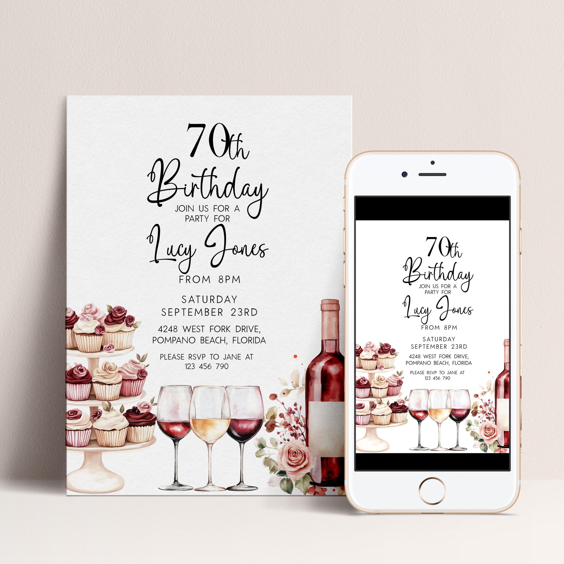 Editable 70th Birthday Invitation, Wine and Cupcake Invite, Burgundy Birthday Party Template, Corjl Printable for Women, Any Age Editable