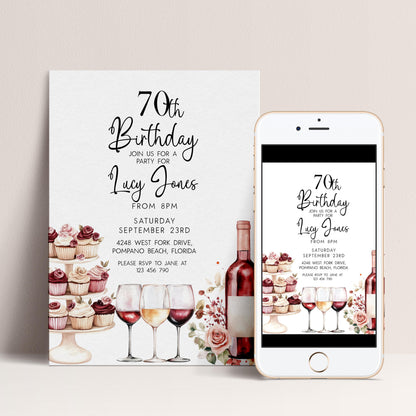 Editable 70th Birthday Invitation, Wine and Cupcake Invite, Burgundy Birthday Party Template, Corjl Printable for Women, Any Age Editable