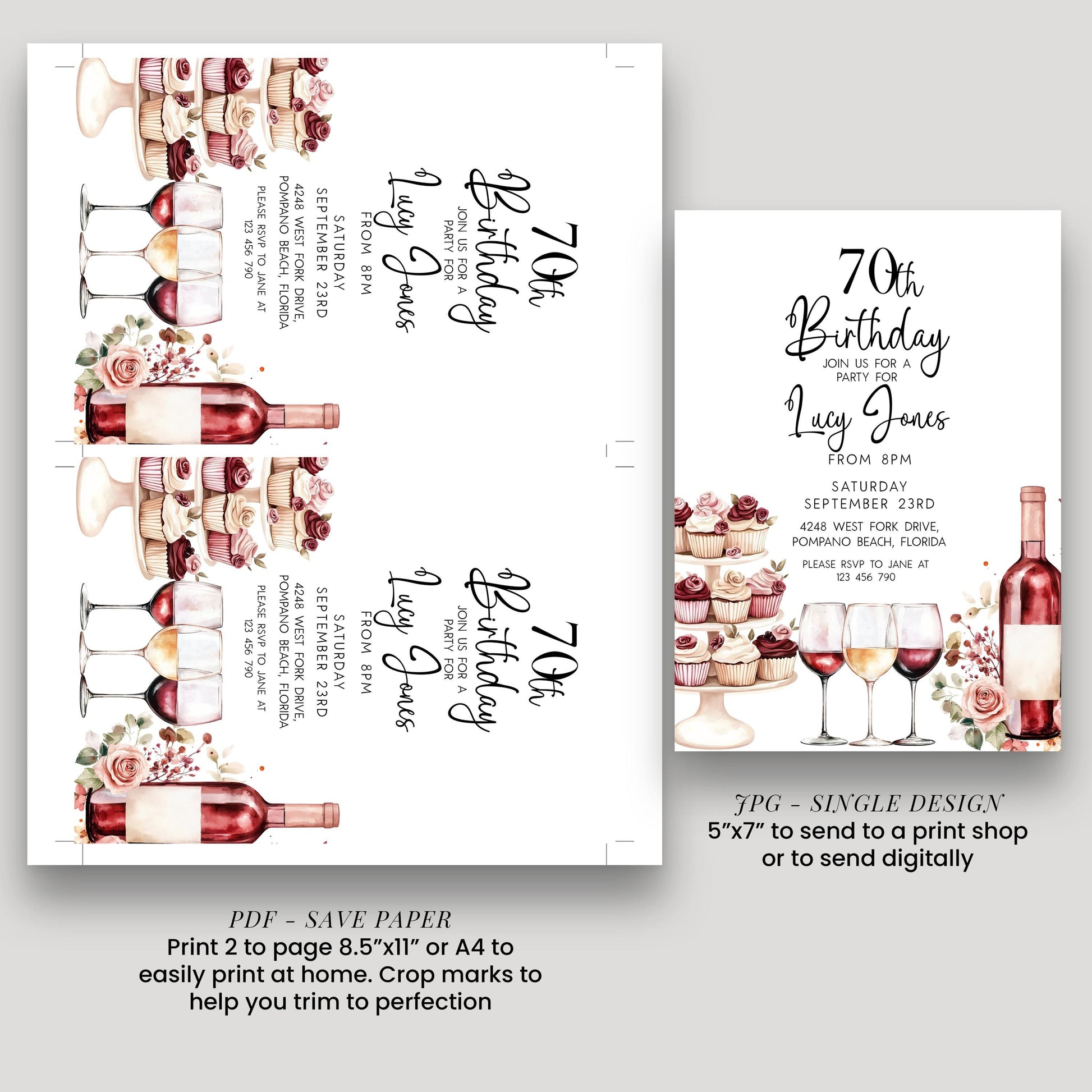 Editable 70th Birthday Invitation, Wine and Cupcake Invite, Burgundy Birthday Party Template, Corjl Printable for Women, Any Age Editable
