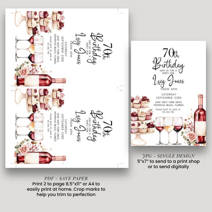 Editable 70th Birthday Invitation, Wine and Cupcake Invite, Burgundy Birthday Party Template, Corjl Printable for Women, Any Age Editable