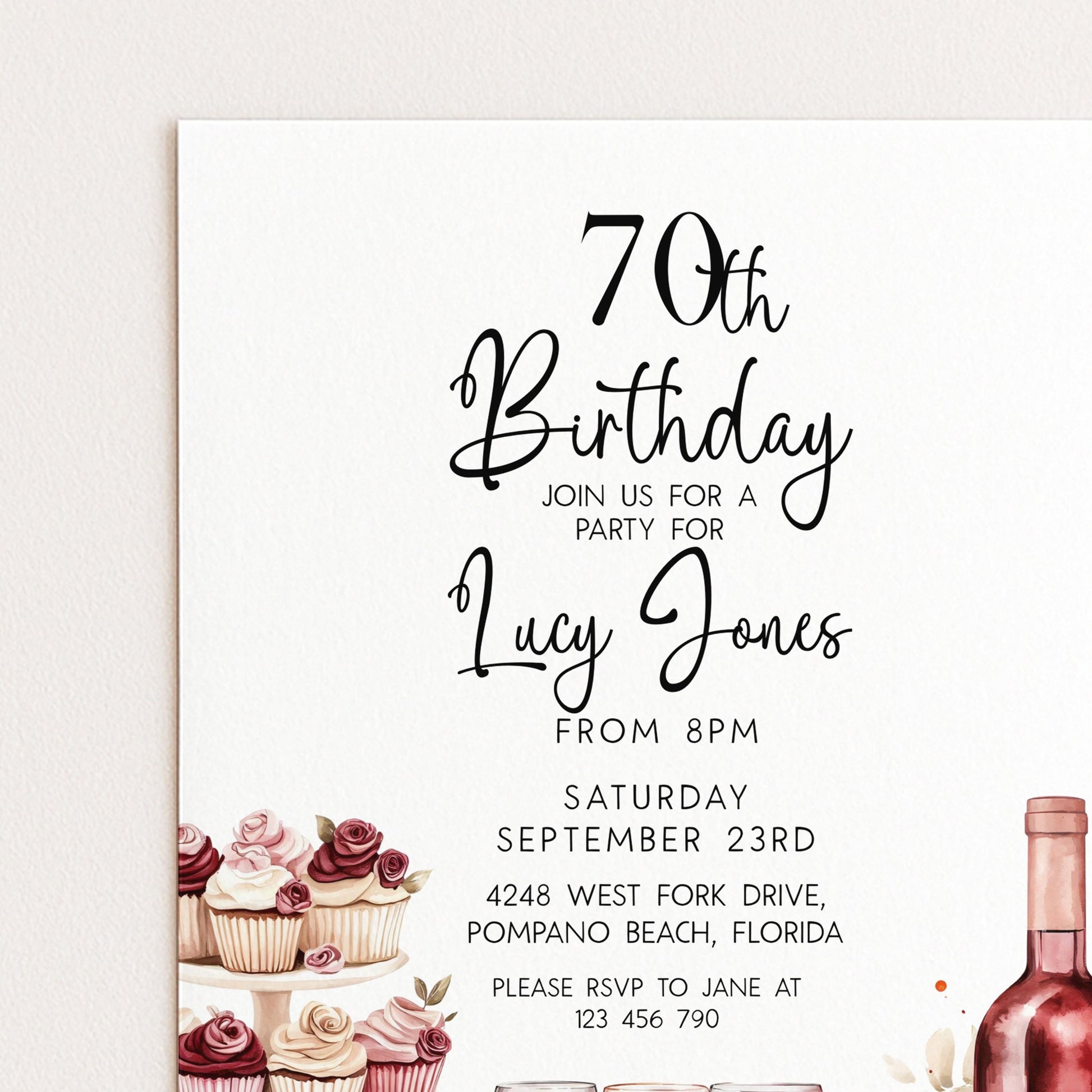 Editable 70th Birthday Invitation, Wine and Cupcake Invite, Burgundy Birthday Party Template, Corjl Printable for Women, Any Age Editable