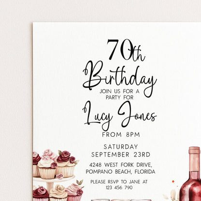 Editable 70th Birthday Invitation, Wine and Cupcake Invite, Burgundy Birthday Party Template, Corjl Printable for Women, Any Age Editable