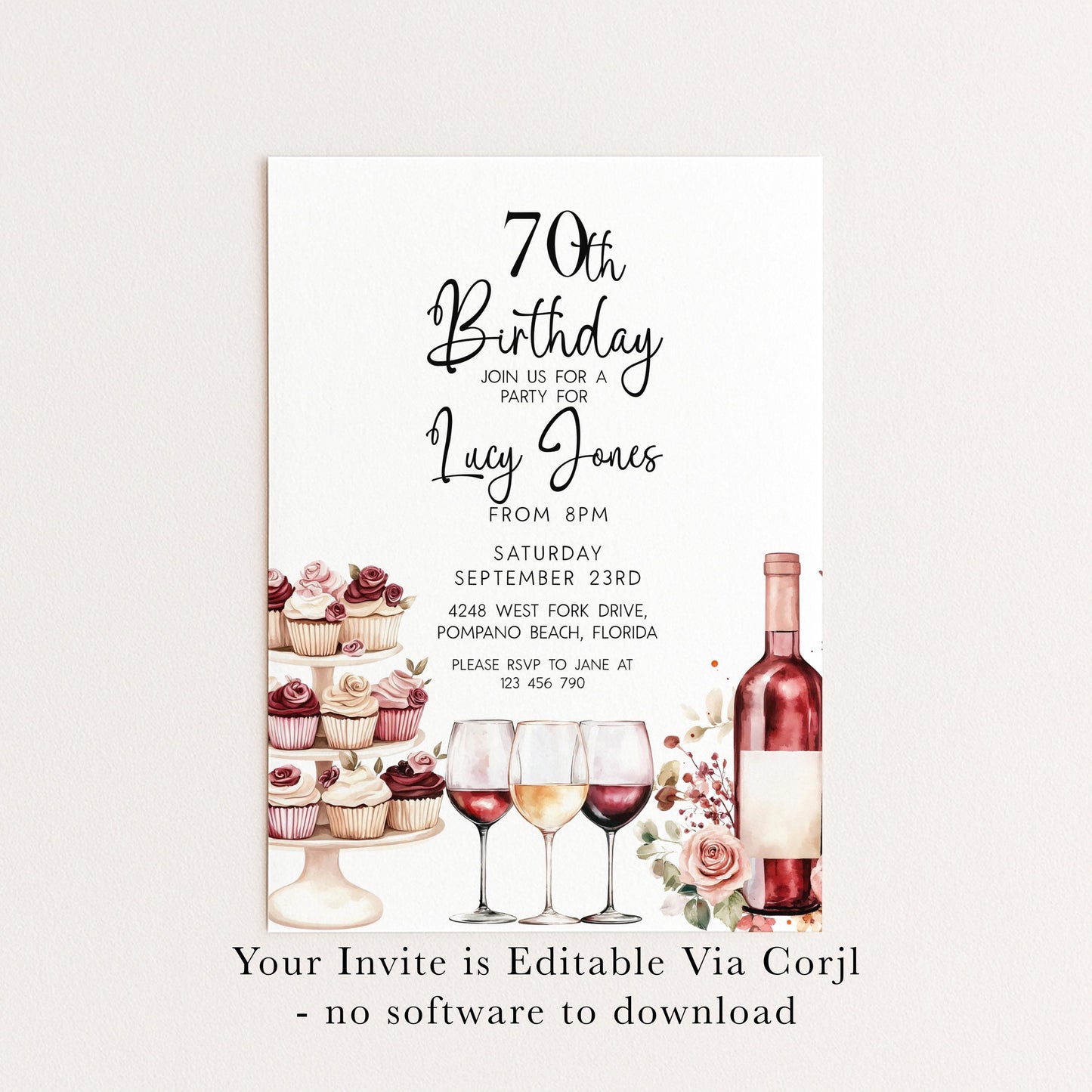 Editable 70th Birthday Invitation, Wine and Cupcake Invite, Burgundy Birthday Party Template, Corjl Printable for Women, Any Age Editable