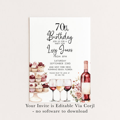 Editable 70th Birthday Invitation, Wine and Cupcake Invite, Burgundy Birthday Party Template, Corjl Printable for Women, Any Age Editable