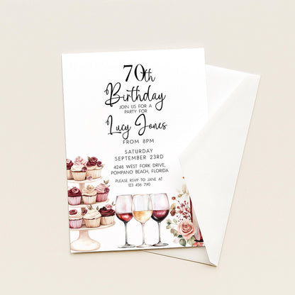 Editable 70th Birthday Invitation, Wine and Cupcake Invite, Burgundy Birthday Party Template, Corjl Printable for Women, Any Age Editable