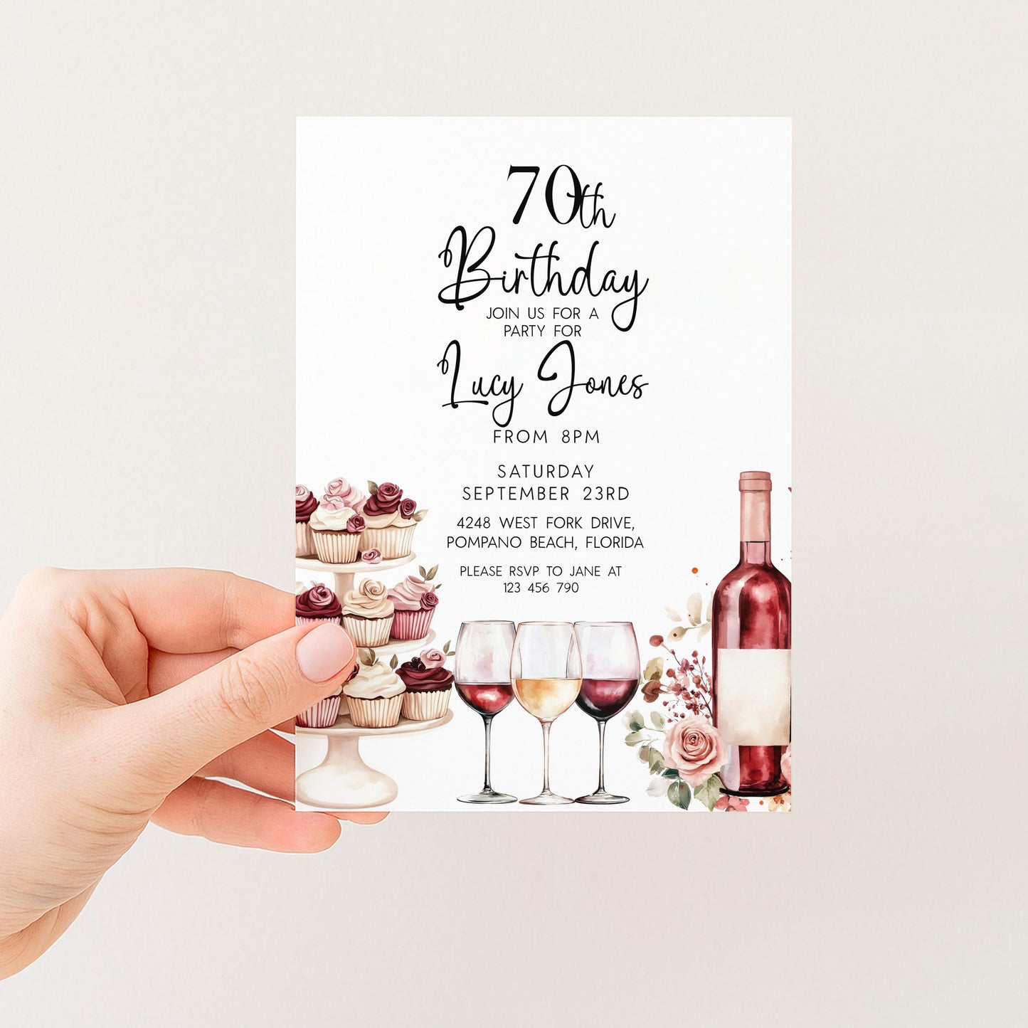 Editable 70th Birthday Invitation, Wine and Cupcake Invite, Burgundy Birthday Party Template, Corjl Printable for Women, Any Age Editable