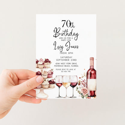 Editable 70th Birthday Invitation, Wine and Cupcake Invite, Burgundy Birthday Party Template, Corjl Printable for Women, Any Age Editable