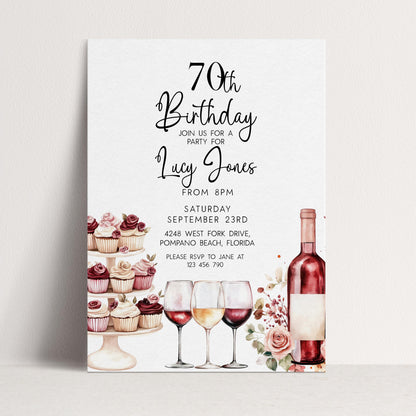 Editable 70th Birthday Invitation, Wine and Cupcake Invite, Burgundy Birthday Party Template, Corjl Printable for Women, Any Age Editable