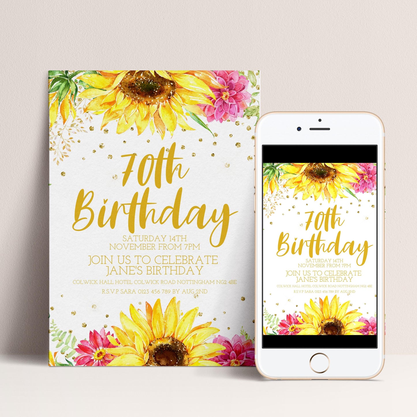 70th Birthday Sunflower Invitation for Women, Editable Floral Party Invite, Watercolor Gold Milestone Template, Instant Digital Download