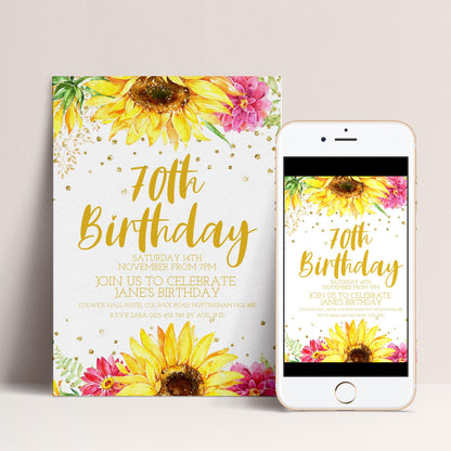 70th Birthday Sunflower Invitation for Women, Editable Floral Party Invite, Watercolor Gold Milestone Template, Instant Digital Download