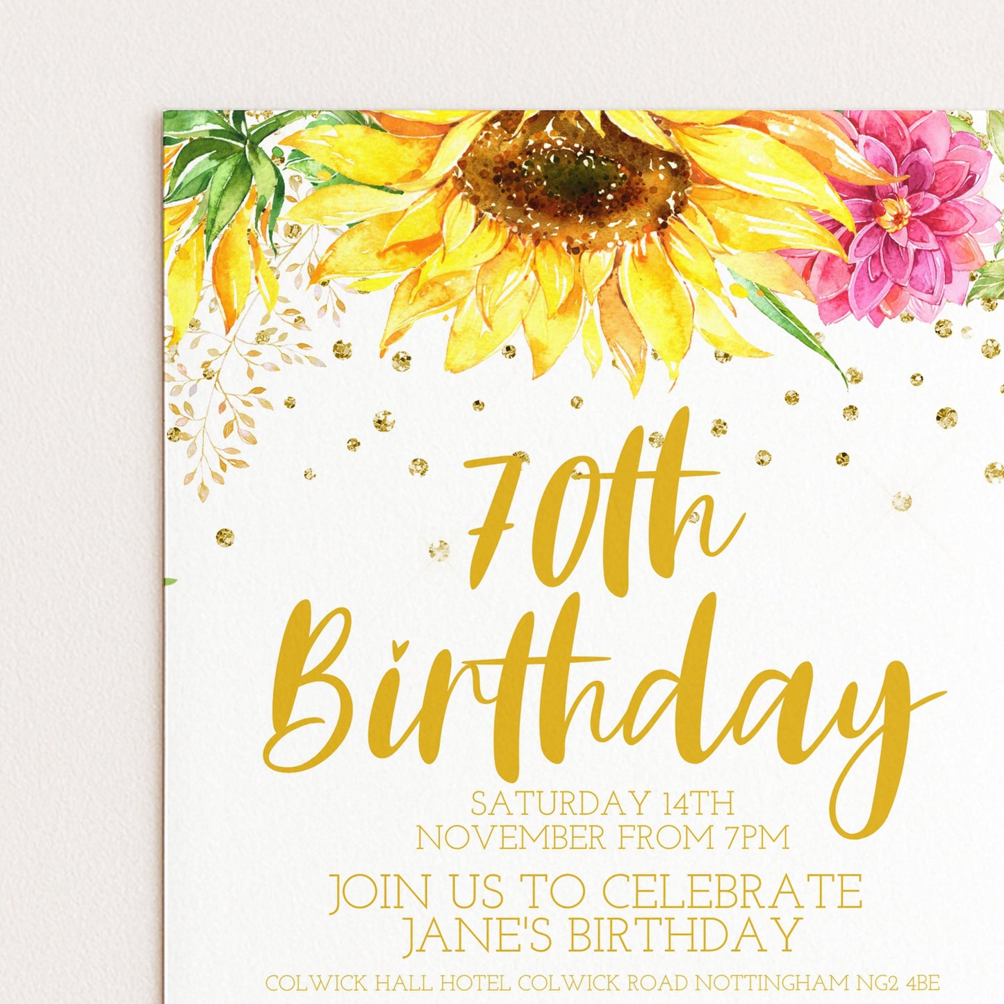 70th Birthday Sunflower Invitation for Women, Editable Floral Party Invite, Watercolor Gold Milestone Template, Instant Digital Download