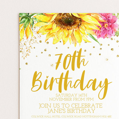 70th Birthday Sunflower Invitation for Women, Editable Floral Party Invite, Watercolor Gold Milestone Template, Instant Digital Download