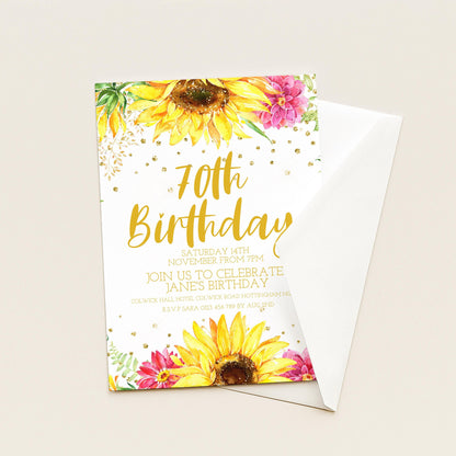 70th Birthday Sunflower Invitation for Women, Editable Floral Party Invite, Watercolor Gold Milestone Template, Instant Digital Download