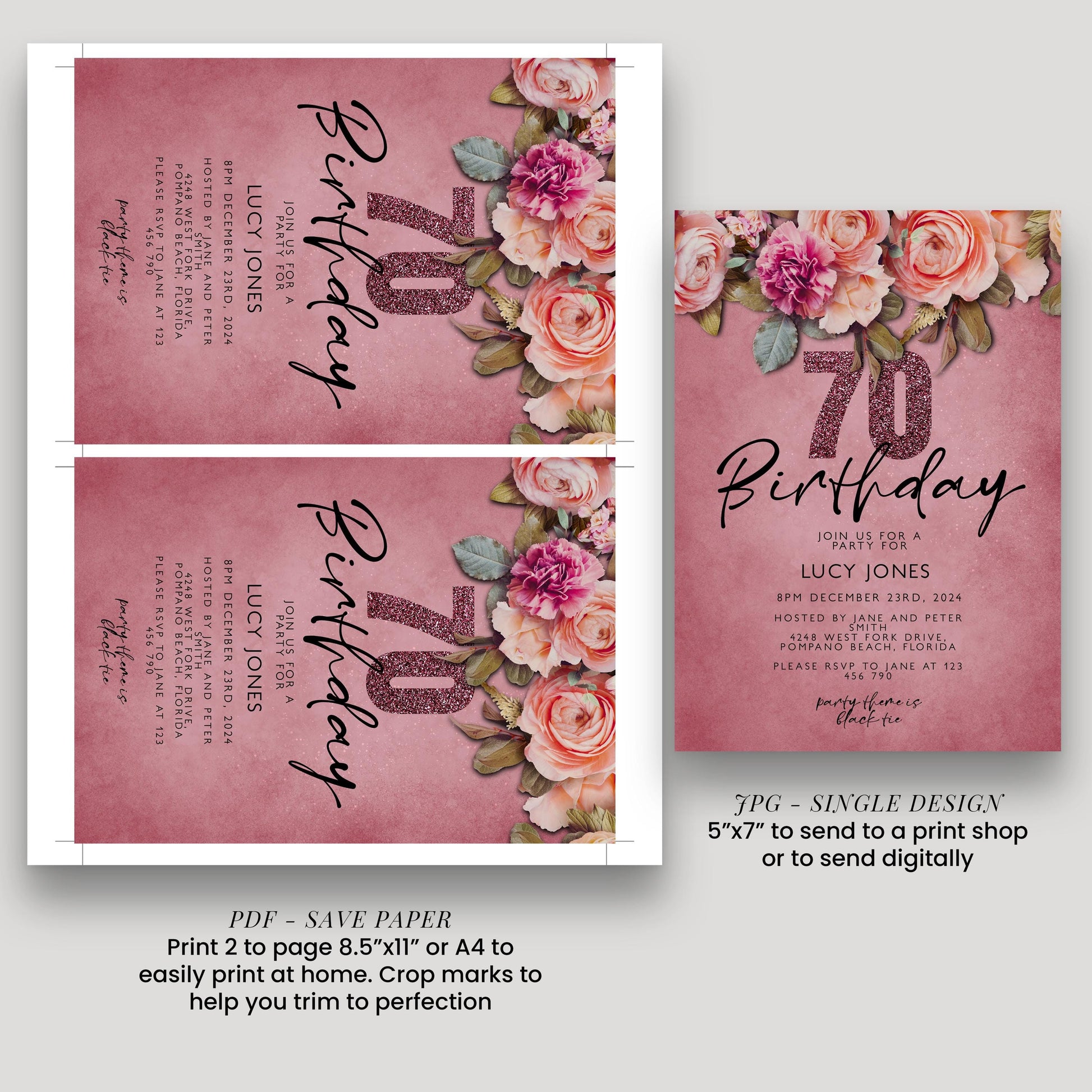 three different birthday invitation designs, each featuring a floral pattern and the number 70. The invitations are printed on pink paper and are designed for a birthday party.