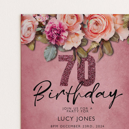 A pink birthday party invitation with a floral design and the number 70.