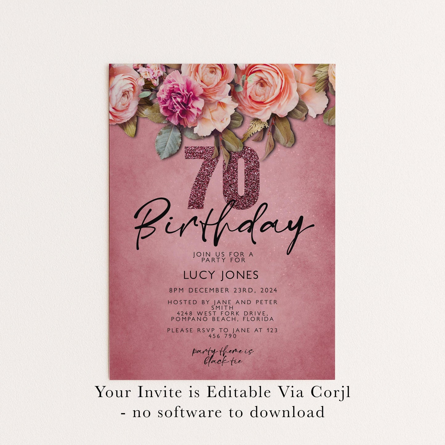 A pink birthday invitation with a floral design and the number 70.