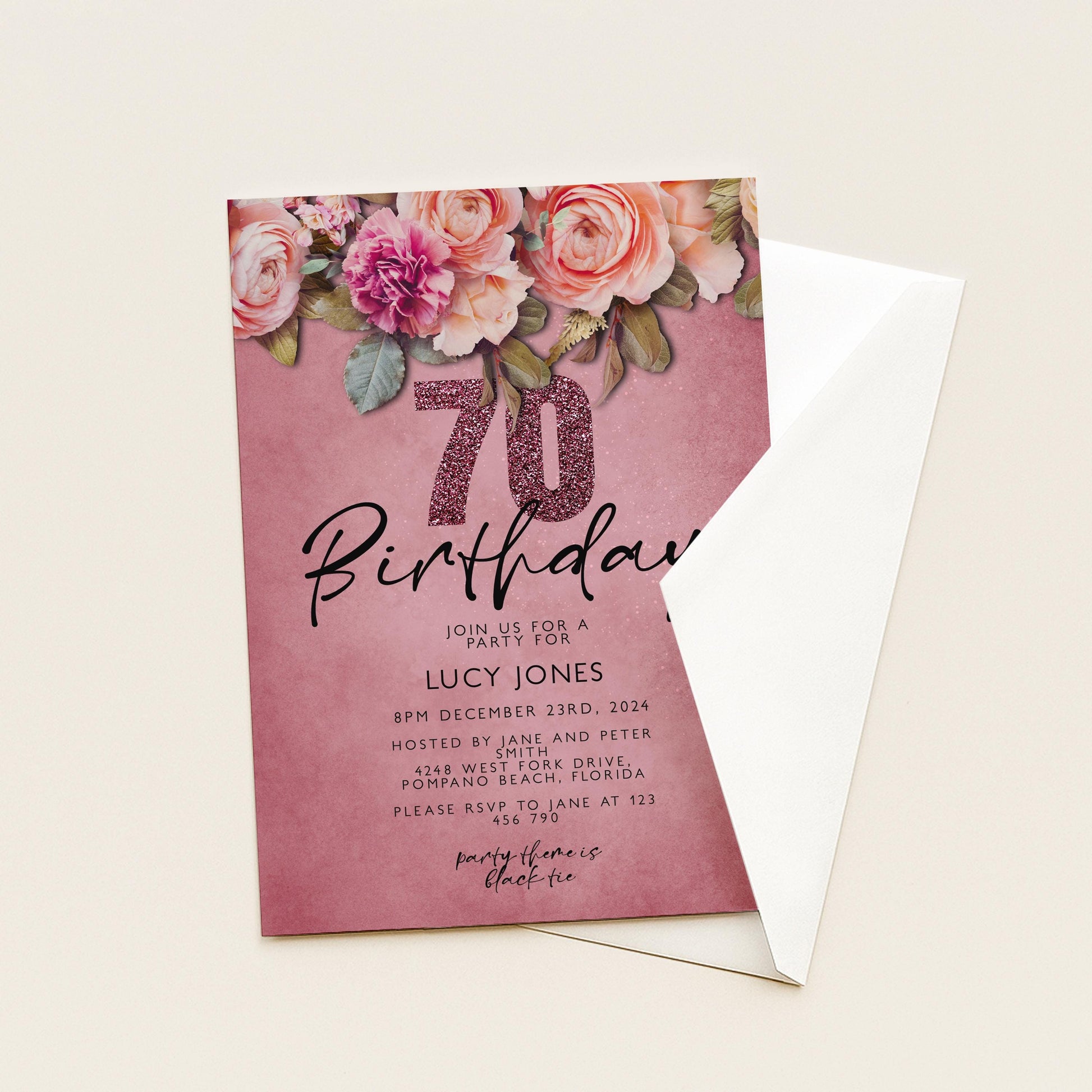 A pink birthday invitation card with a floral design and the number 70.