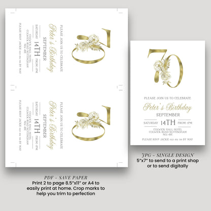 70th Invitation 70th Birthday Invitation Party Birthday Gold Numbers Instant Download Editable Invitation Printable Invitation