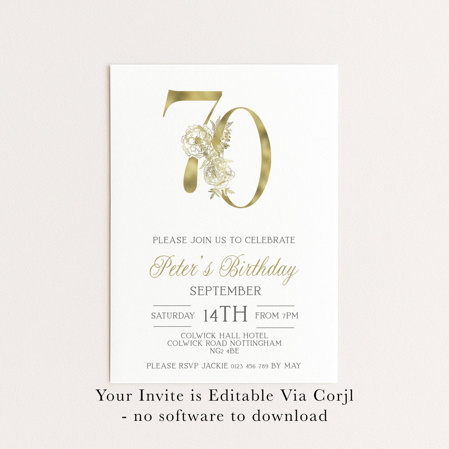 70th Invitation 70th Birthday Invitation Party Birthday Gold Numbers Instant Download Editable Invitation Printable Invitation
