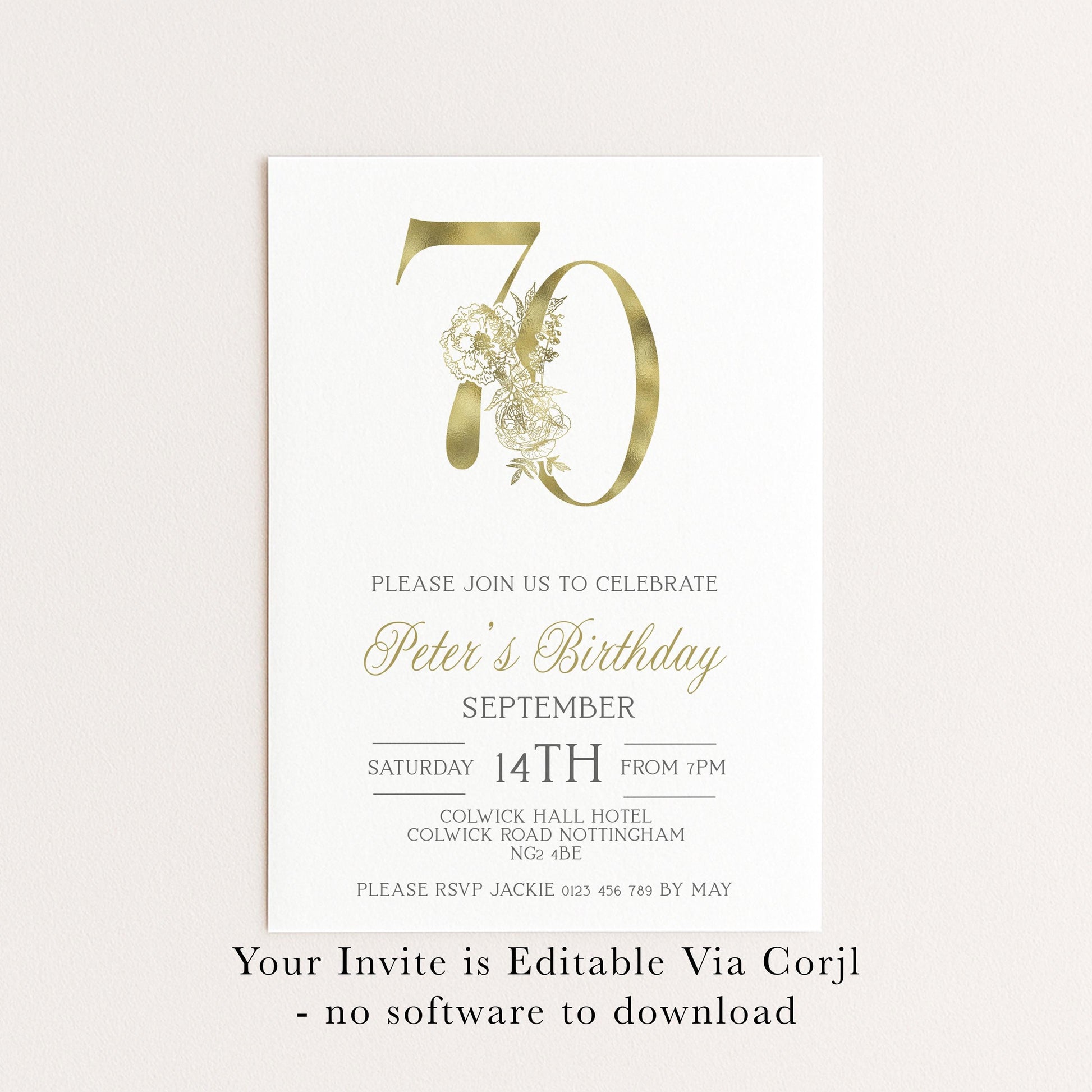 70th Invitation 70th Birthday Invitation Party Birthday Gold Numbers Instant Download Editable Invitation Printable Invitation