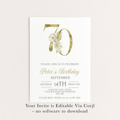 70th Invitation 70th Birthday Invitation Party Birthday Gold Numbers Instant Download Editable Invitation Printable Invitation