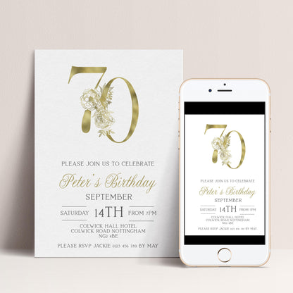 70th Invitation 70th Birthday Invitation Party Birthday Gold Numbers Instant Download Editable Invitation Printable Invitation