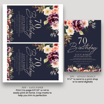 70th Birthday Invitation Navy Floral | Editable Digital Download Template | Printable Party Invite