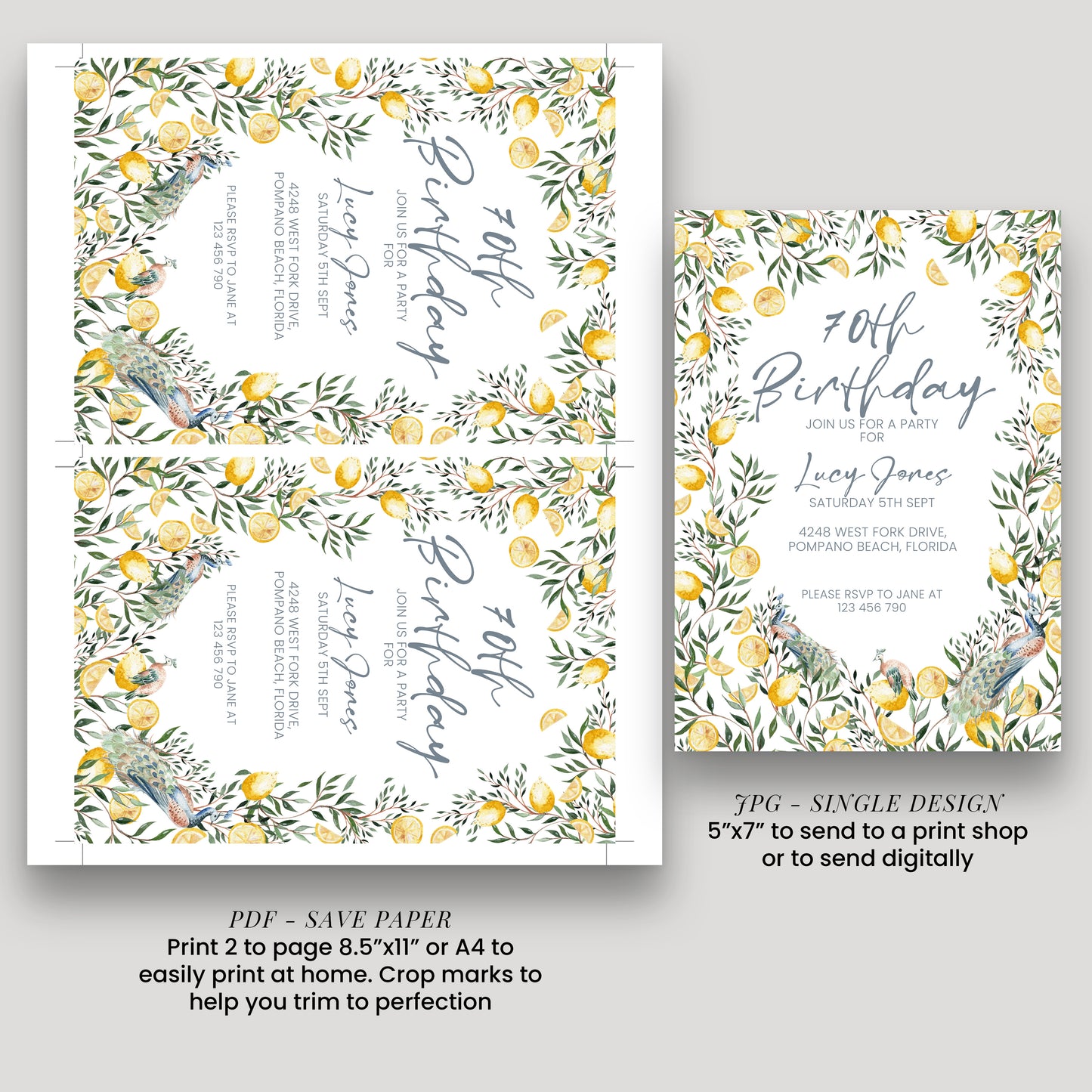 70th Birthday Invitation Lemon and Peacock | Editable Digital Download Template | Printable Garden Party Invite