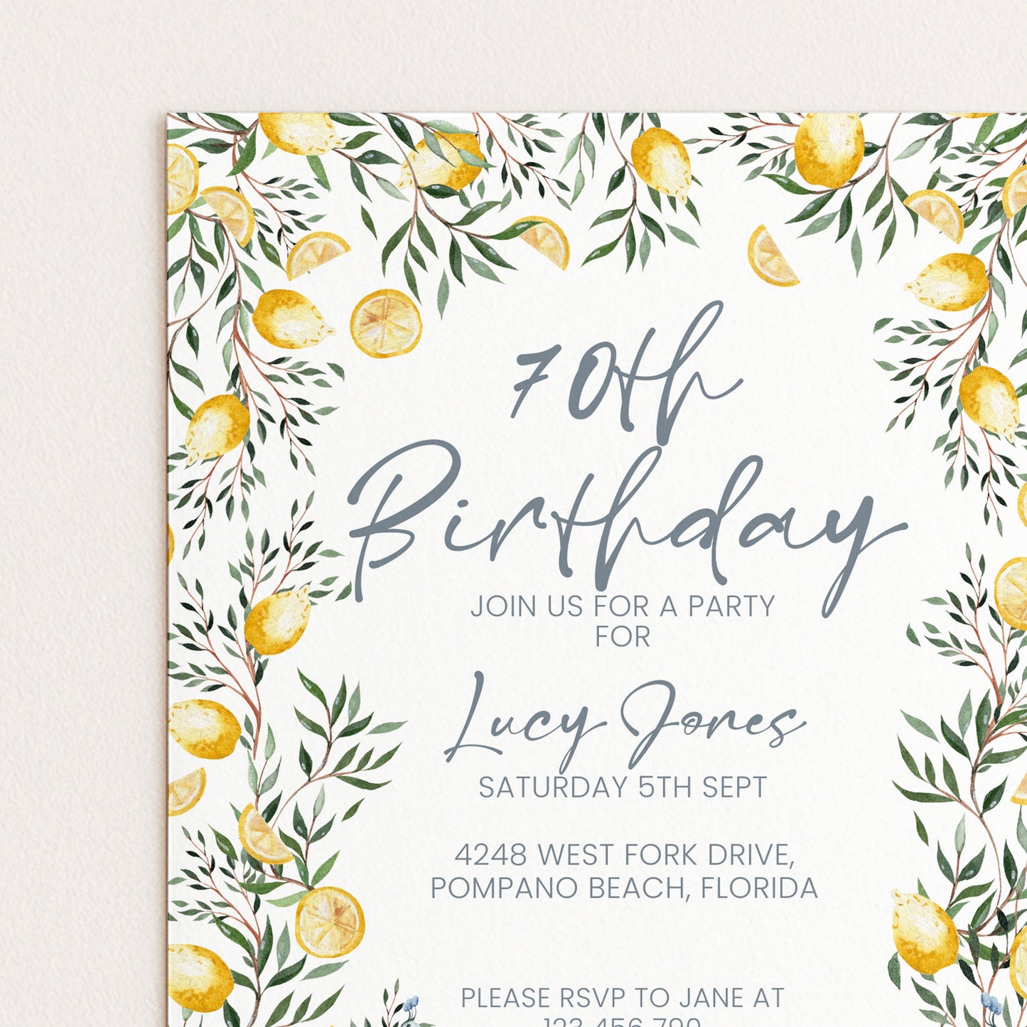 70th Birthday Invitation Lemon and Peacock | Editable Digital Download Template | Printable Garden Party Invite