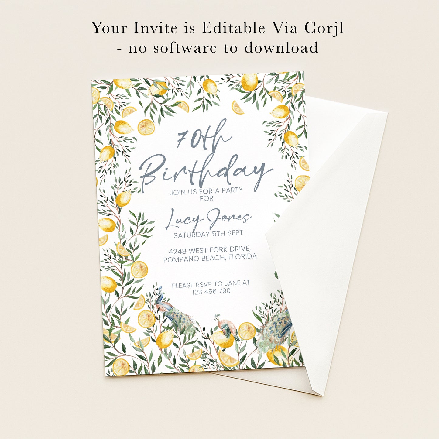 70th Birthday Invitation Lemon and Peacock | Editable Digital Download Template | Printable Garden Party Invite