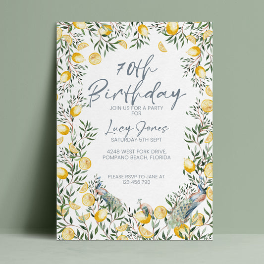 70th Birthday Invitation Lemon and Peacock | Editable Digital Download Template | Printable Garden Party Invite