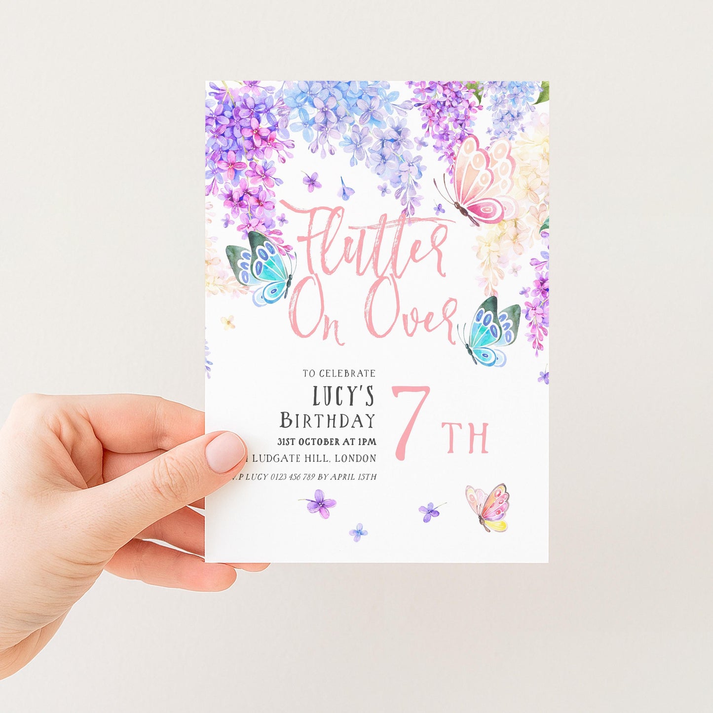 7th Birthday Invitation Editable Flutter on By Butterfly Party Printable Invite for Girls Template Pink Purple Blue Instant download