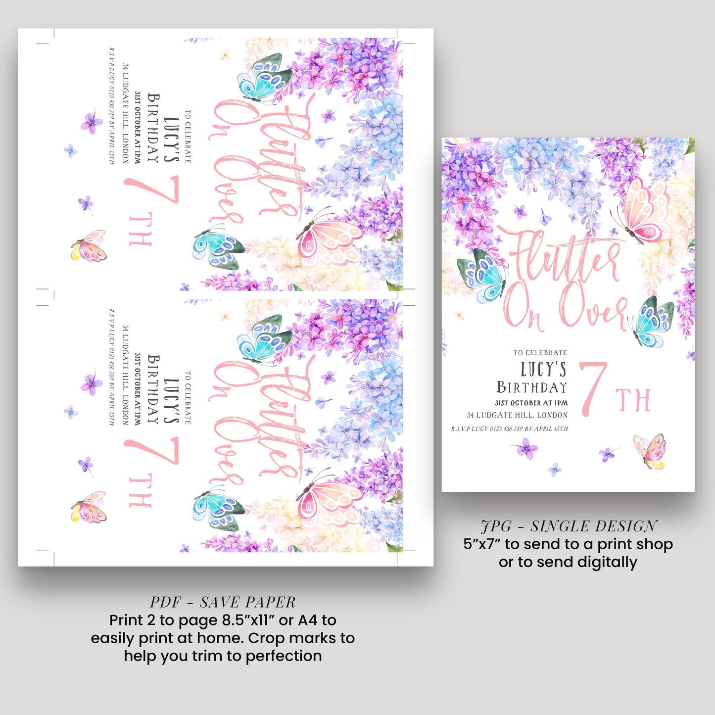 7th Birthday Invitation Editable Flutter on By Butterfly Party Printable Invite for Girls Template Pink Purple Blue Instant download