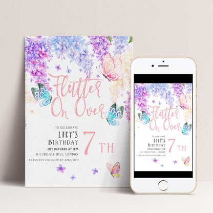 7th Birthday Invitation Editable Flutter on By Butterfly Party Printable Invite for Girls Template Pink Purple Blue Instant download
