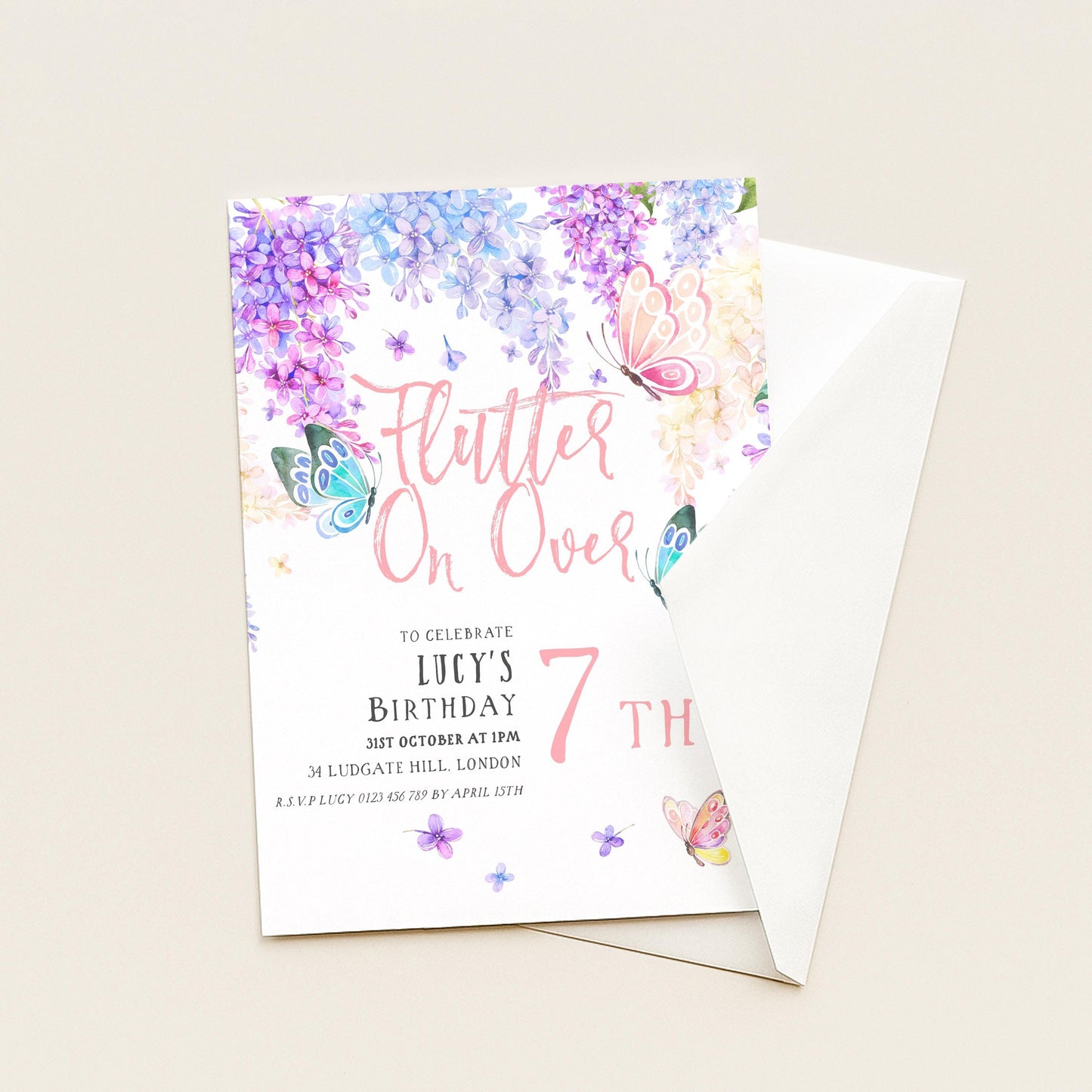 7th Birthday Invitation Editable Flutter on By Butterfly Party Printable Invite for Girls Template Pink Purple Blue Instant download