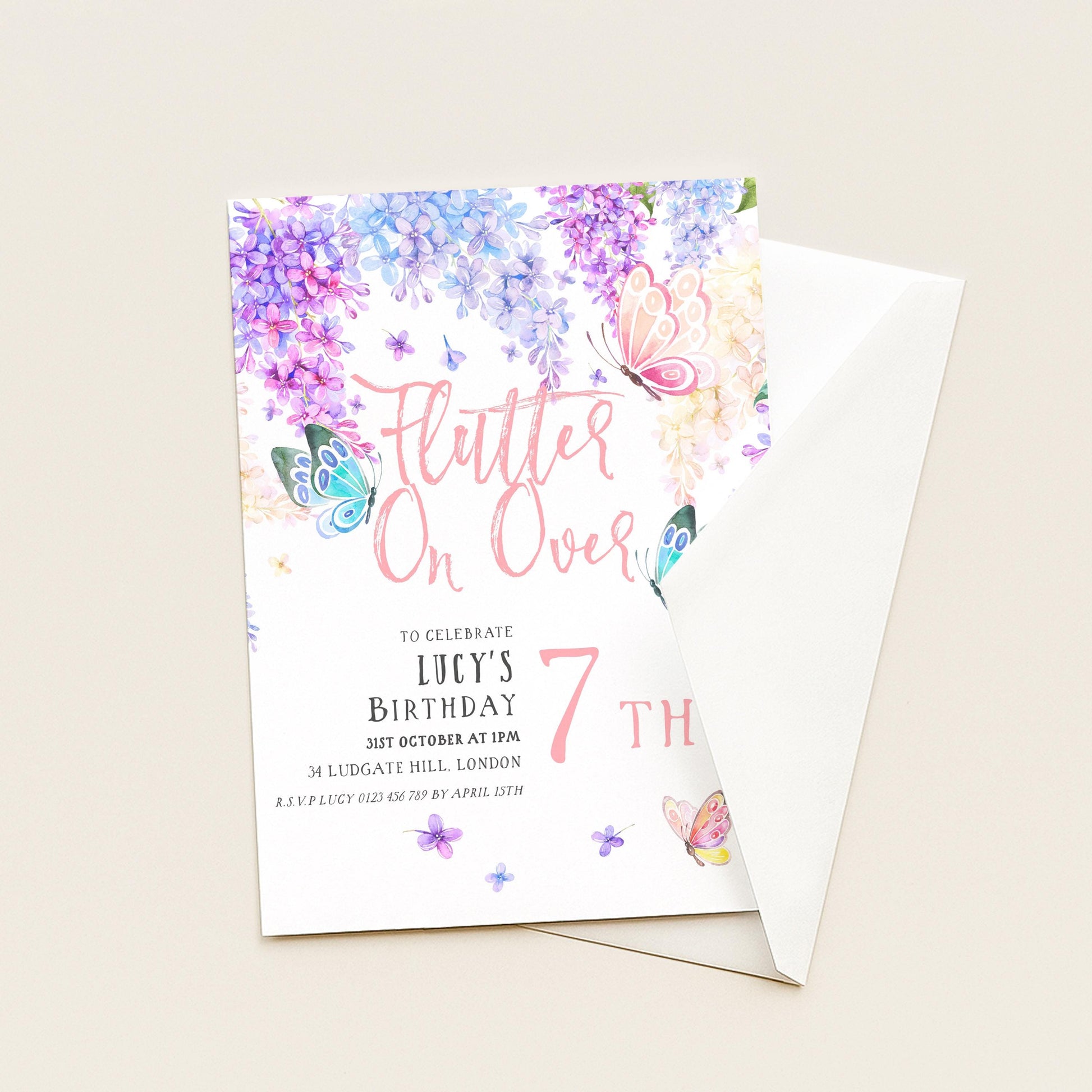 7th Birthday Invitation Editable Flutter on By Butterfly Party Printable Invite for Girls Template Pink Purple Blue Instant download