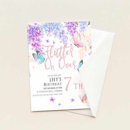 7th Birthday Invitation Editable Flutter on By Butterfly Party Printable Invite for Girls Template Pink Purple Blue Instant download