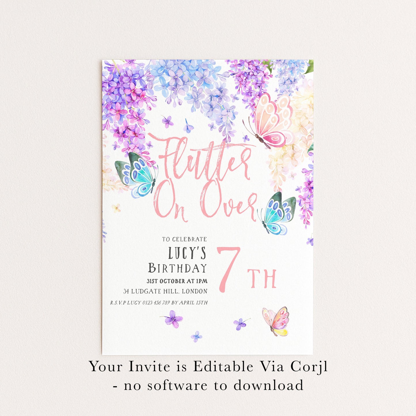 7th Birthday Invitation Editable Flutter on By Butterfly Party Printable Invite for Girls Template Pink Purple Blue Instant download