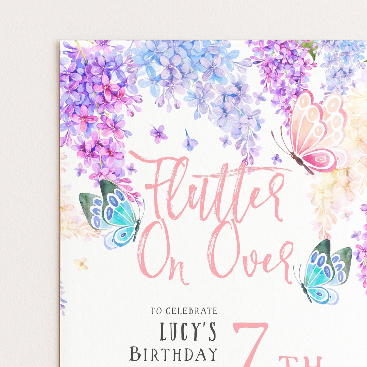 7th Birthday Invitation Editable Flutter on By Butterfly Party Printable Invite for Girls Template Pink Purple Blue Instant download
