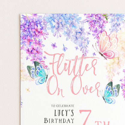 7th Birthday Invitation Editable Flutter on By Butterfly Party Printable Invite for Girls Template Pink Purple Blue Instant download