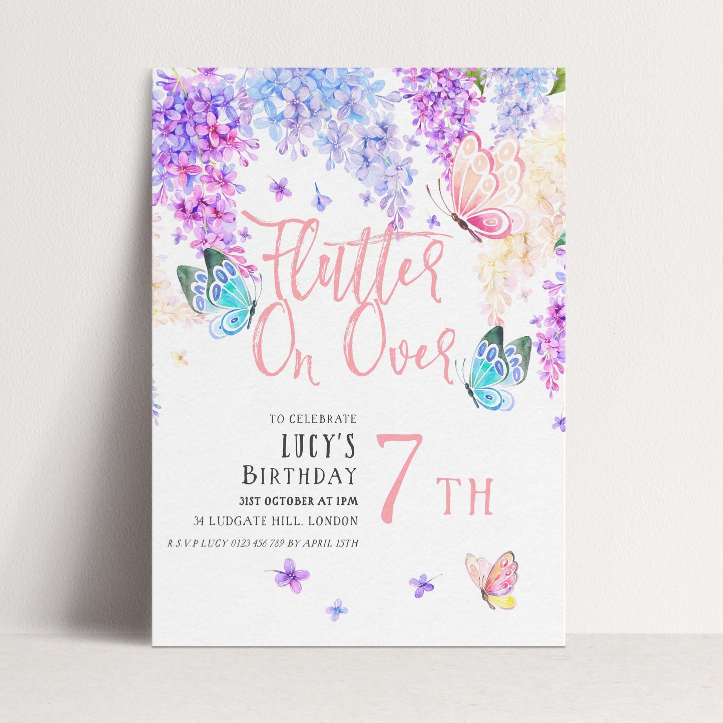 7th Birthday Invitation Editable Flutter on By Butterfly Party Printable Invite for Girls Template Pink Purple Blue Instant download
