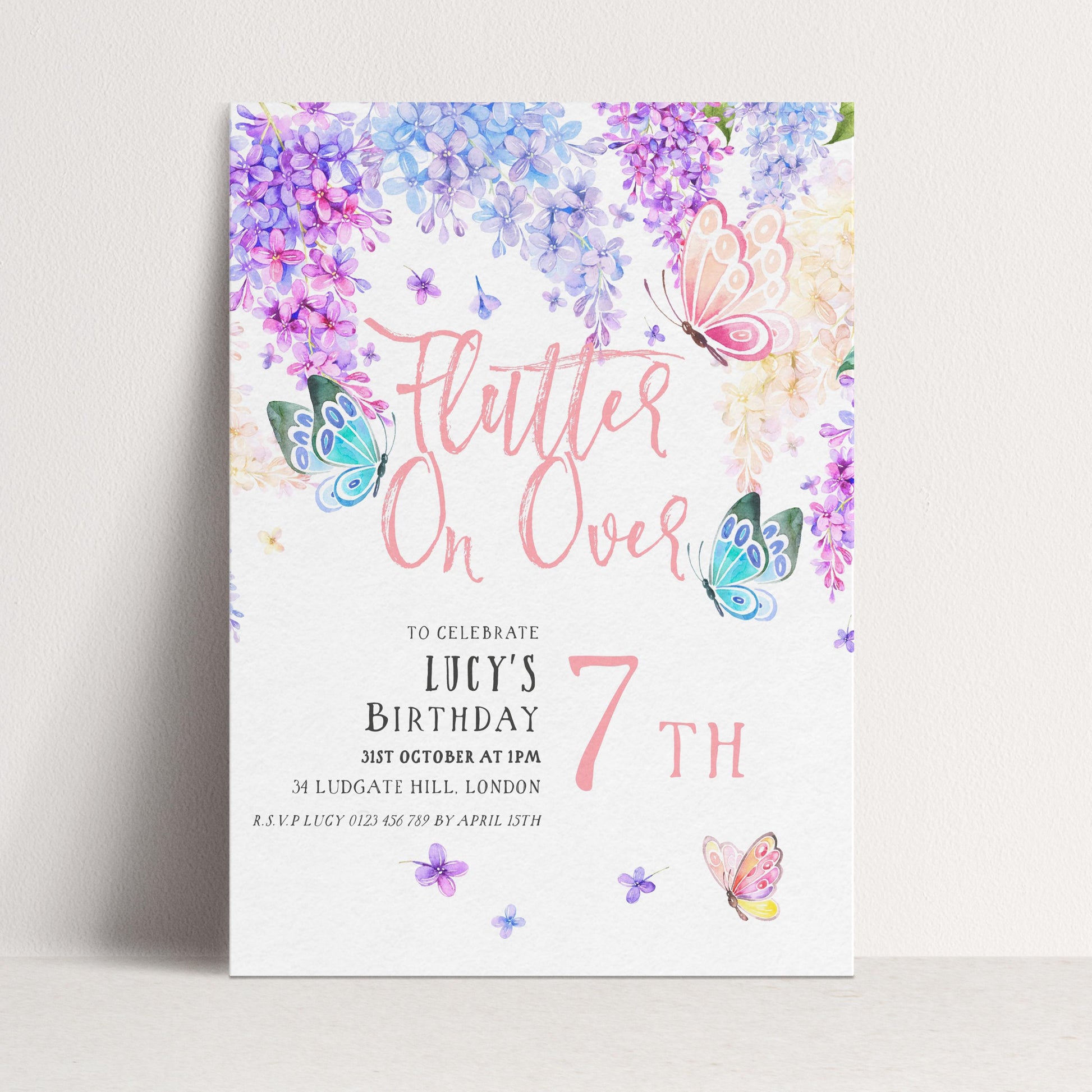 7th Birthday Invitation Editable Flutter on By Butterfly Party Printable Invite for Girls Template Pink Purple Blue Instant download