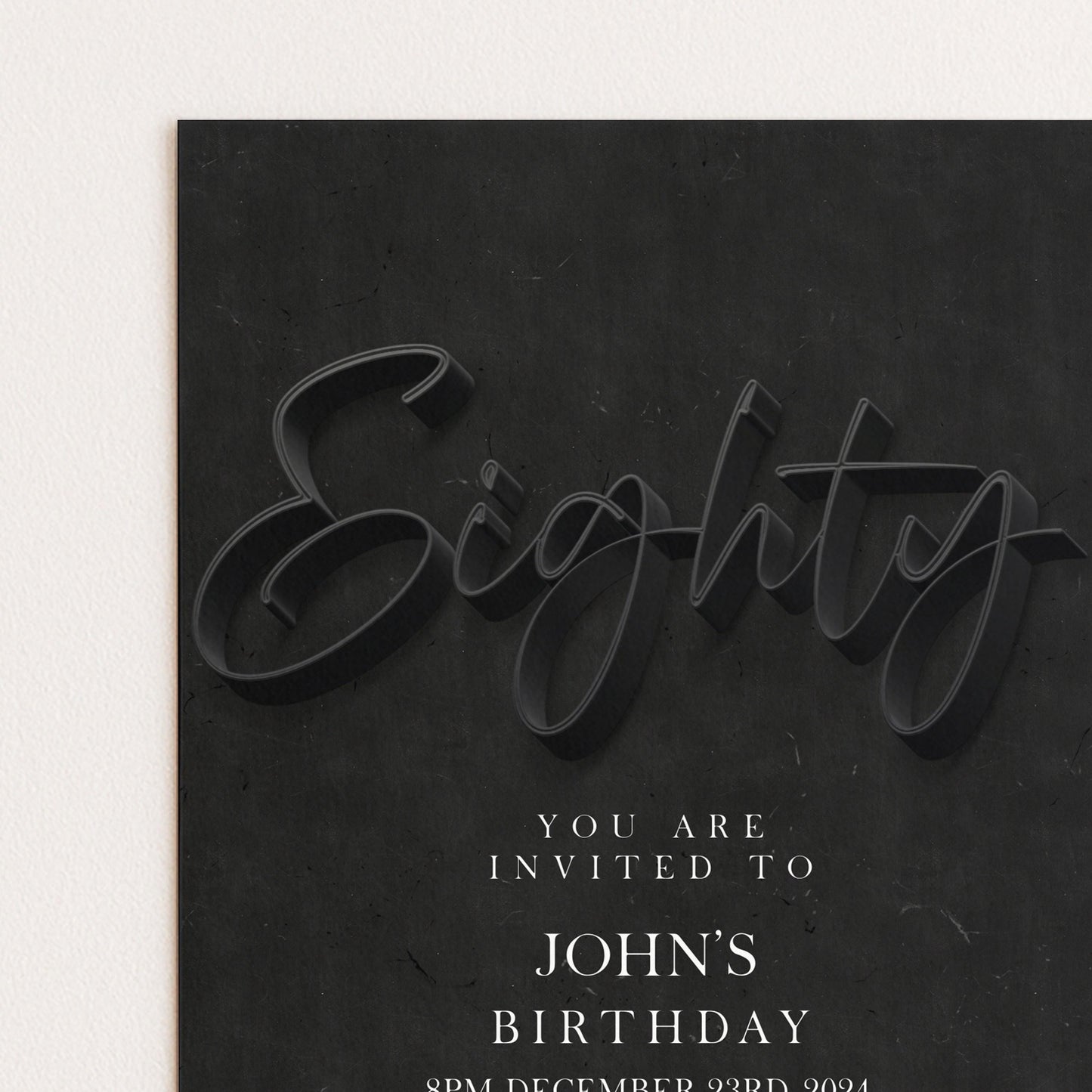 80th Birthday Invitation Black Elegant, Modern Milestone Party Invite for Him, Stylish Adult Birthday, Editable Template SE19