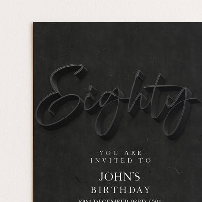 80th Birthday Invitation Black Elegant, Modern Milestone Party Invite for Him, Stylish Adult Birthday, Editable Template SE19