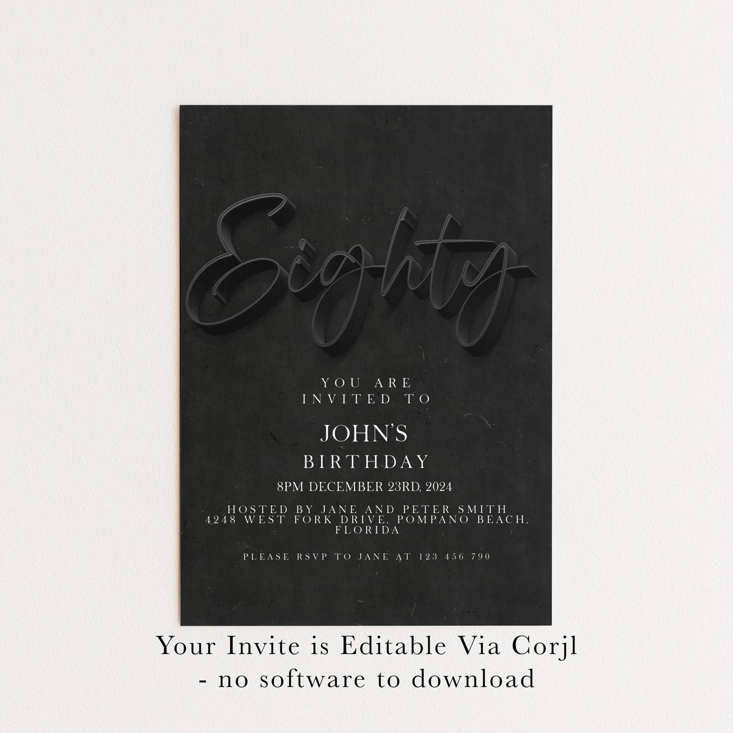80th Birthday Invitation Black Elegant, Modern Milestone Party Invite for Him, Stylish Adult Birthday, Editable Template SE19