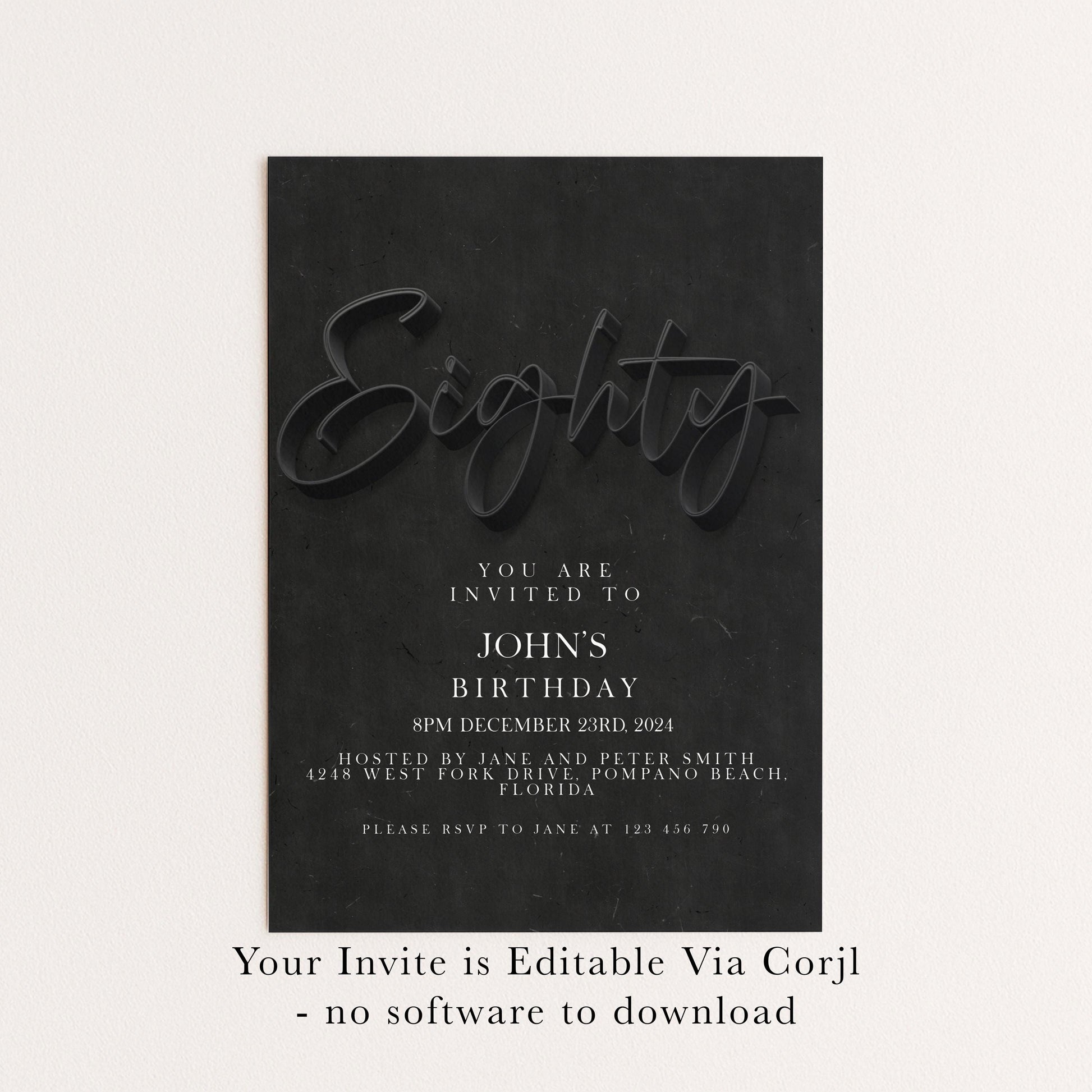 80th Birthday Invitation Black Elegant, Modern Milestone Party Invite for Him, Stylish Adult Birthday, Editable Template SE19
