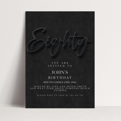 80th Birthday Invitation Black Elegant, Modern Milestone Party Invite for Him, Stylish Adult Birthday, Editable Template SE19